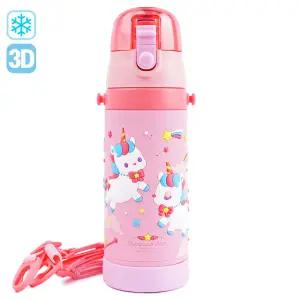 유니콘 3D 원터치 어깨끈 스텐 보틀 480ml캐릭터물통 소풍 나들이 휴대용 목걸이 어린이물병 키즈