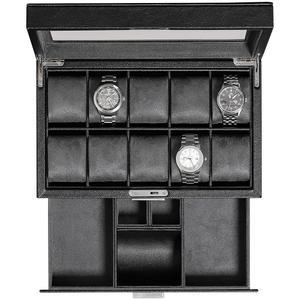 발렛 서랍이 있는 가죽 10슬롯 시계 상자, 울트라 소프트 마이크로수데 라이너가 럭셔리 케이스 디스플레이 정리함, 큰 유리 상판이 주얼리 및 선글라스 홀더(블랙/그레이)