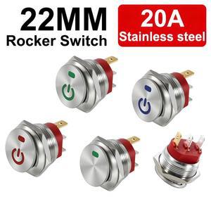 22mm 금속 버튼 로커 스위치 스테인레스 스틸 12V 20A 자동 잠금 2 토글 ON-OFF 220V 15A 3 핀