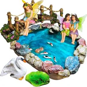 무드 랩 요정 정원 물고기 연못 키트 - 6개의 미니어처 브릿지 세트 피규어 및 액세서리 야외 또는 집 장식