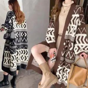 패션스타일 고급스러운 외출 패션 가디건 노버튼 롱 패턴 여자