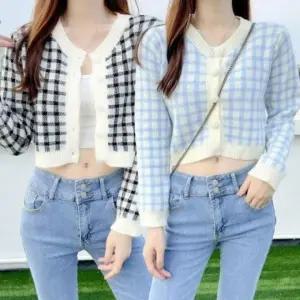 패션스타일 크롭 가디건 컬러풀 라운드 스타일 체크 여성 패턴