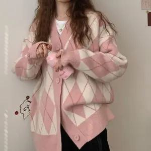 패션스타일 브이 여성 패턴 아가일 루즈핏 가디건