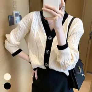 패션스타일 꽈배기 패턴 가디건 라인 배색 스타일 여성 고급