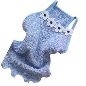 강아지 팝업 탄탄 꽃무늬 끈나시티 블루 3XL 1P 티셔츠