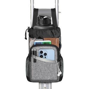 핀팩 목발 액세서리 가방, 음료 홀더가 있는 방수 보관 정리함 토트백 및 목발용 지퍼 파우치, 겨드랑이 부착, 회색