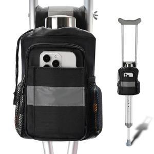 MFE 목발 액세서리 가방 - 컵 홀더, 지퍼 포켓 및 반사 스트립이 있는 방수 정리 파우치 언더암 목발용 유니버설 토트, 성인 노인용, 블랙