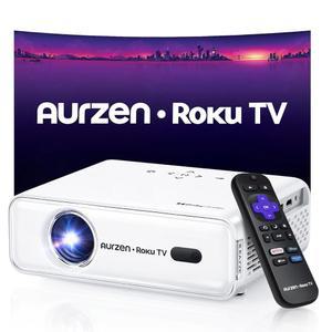 Wi-Fi 및 블루투스가 포함된 Aurzen Roku TV 스마트 프로젝터, 스트리밍 경험 내장, 1080P FHD, 돌비 오디오, 오토 포커스 & 키스톤, 줌, 영화 휴대용 야외 미니 화이트