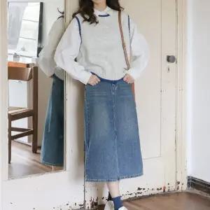 EAMT 여자 니트조끼 블루 그레이 니트 조끼 빈티지 레이어드 상의 프리사이즈 YJ3