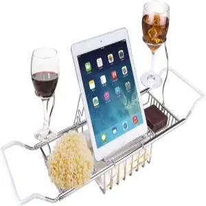 iPEGTOP 스테인리스 스틸 욕조 캐디 트레이 - 측면이 확장된 오버 배스 랙 샤워 정리함 탈착식 와인잔 책장