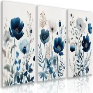 LLEEMPI 프레임 네이비 블루 플로럴 월 아트 3종 세트 모던 와일드 플라워 장식 수채화 식물 캔버스 페인팅