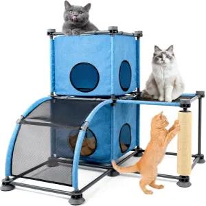 긁는 기둥이 있는 대형 고양이 해먹 침대 - 실내/외 사용을 위한 집 콘도 및 사다리가 다단계 나무 +