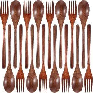 코비 나무 숟가락과 포크로 먹기 8Pcs 저녁 식사 도구 세트 수제 재사용 가능한 주방 식기 요리 캠핑