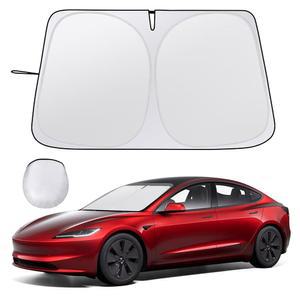 Tesla Model Y / 3용 자동차 윈드실드 선쉐이드 - 업그레이드된 자외선 차단 패브릭이 있는 접이식 전면 창문 커버, 2016년부터 2026년까지 3 Y용 전문 액세서리, 보관 가방 포함