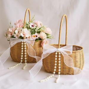 실리파인 2피스 위커 라탄 플라워 걸 바구니, 보우와 펄이 있는 11.8x8.7x5.1인치 소박한 걸용 웨딩 의식용 수제 버드나무 보관 홈 데코레이션 (클래식)