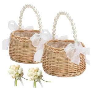 2PCS 위커 라탄 플라워 걸 바구니, 웨딩 손목 코르사지, 진주 손잡이 활 요정 바구니 결혼식 신부 기념 파티 장식용 (N-2)
