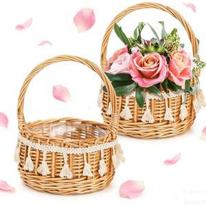 WRINGKIT 2팩 플라워 걸 바구니, 실크 꽃잎이 있는 작은 위커 화이트 리본, 플라스틱 라이너, 결혼식 장식용 직조 윌로우 라탄 선물, 캠핑, 홈 데코