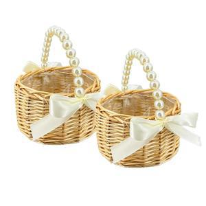베타울라이프 위커 라탄 플라워 걸 바구니, 보우 2개/팩, 진주 손잡이 결혼식 및 가정 장식용.
