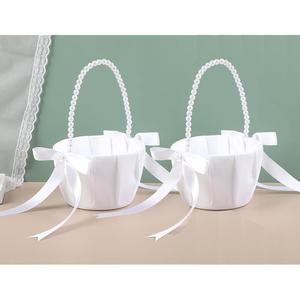 결혼식용 플라워 걸 바구니 2종 세트, 진주 손잡이가 달린 아이보리 바구니, 걸용 웨딩