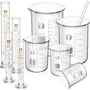 과학 실험실용 두꺼운 유리 비커 50/100/250/500/1000ml와 5/10/50/100ml 두께의 및 눈금 측정 실린더가 있는 피쿤 10피스 실린더