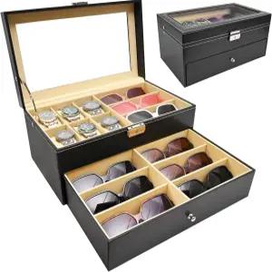 Vevitts 2겹 6개의 슬롯 시계 상자와 9개의 안경 선글라스 보관 블랙 가죽 주얼리 전시 케이스 정리함