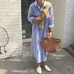 임산부용 스트라이프 셔츠형 롱 원피스 오버핏 박시 데일리룩 집앞