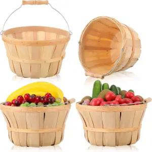 높이 6인치 지름 9.5인치 원형 나무 바구니 수확 정원 음식 서비스 전시 파티용 손잡이가 있는 과일 양동이