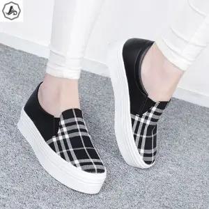 [애슬릿] 통굽 슬립온 배색 체크 키높이 단화 4cm