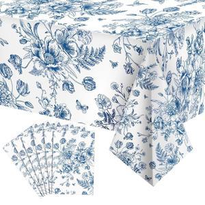TIAMON 블루 및 274.3CM(54 장식 빈티지 일회용 테이블 봄 식탁보 화이트 네이비 직사각형 티 플로럴 샤워 커버 생일 웨딩 파티용 X 137.2 6개, 플라스틱 플라워 108인치)