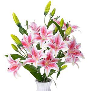 DINGION 6피스 백합 리얼한 머리 인공 꽃 80.9CM(31.5인치) 3개(핑크) 18개 꽃병 큰 장식용 3개, 홈 부케 라텍스 테이블 가짜 긴 줄기 부활절 웨딩