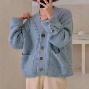 귀여운 단추 포켓 가디건 여성용 배색 가디건 니트 상의 데일리 포인트 외투 코디
