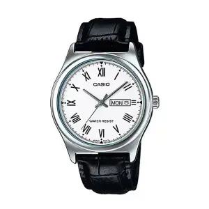 카시오 MTP-V006L-7B 남성 라운드 아날로그 가죽 손목 시계