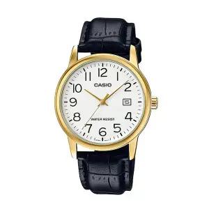 카시오 MTP-V002GL-7B2 남성 라운드 아날로그 가죽 손목 시계