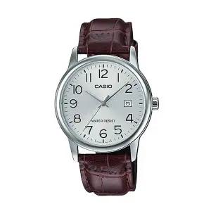카시오 MTP-V002L-7B2 남성 라운드 아날로그 가죽 손목 시계