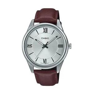 카시오 MTP-V005L-7B5 남성 라운드 아날로그 가죽 손목 시계