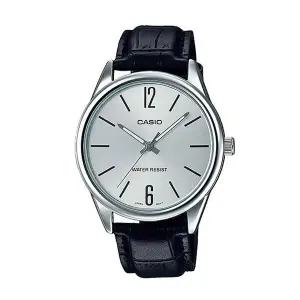 카시오 MTP-V005L-7B 남성 라운드 아날로그 가죽 손목 시계