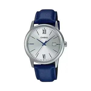 카시오 MTP-V002L-2B3 클래식 라운드 남성 가죽 아날로그 시계