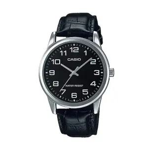 카시오 MTP-V001L-1B 남성 라운드 아날로그 가죽 손목 시계