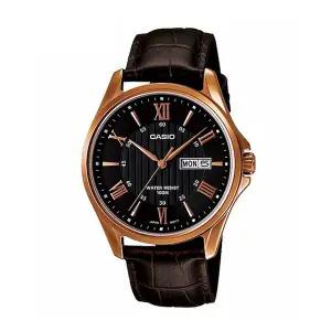 카시오 MTP-1384L-1A 남성 라운드 아날로그 가죽 손목 시계