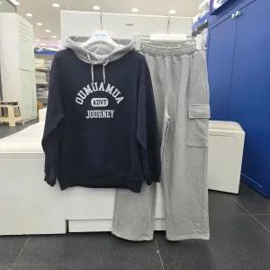 [에꼴리에]에꼴리에 배색후드유니레터링후드티 원턱와이드스트링카고바지