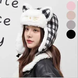 고양이 방한 체크 귀도리 귀달이모자 겨울모자 여자