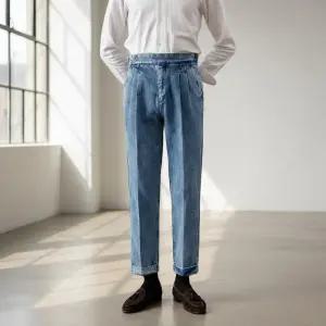 에노브 남자 구르카 투턱 테이퍼드핏 데님 팬츠 하이웨스트 클래식 청바지 슬랙스 스트레이트핏