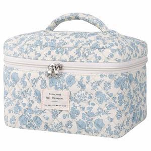 기부라오 대형 메이크업 가방, 귀여운 여성용 화장 가방 플로럴 코켓 에스테틱 세면도구 여행용 정리 (블루)