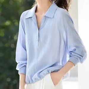 스트링밑단 셔츠넥 블라우스 7363C9