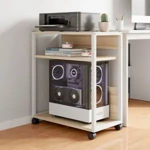 프리미엄 컴퓨터 본체 수납 받침대 거치대 이동식 데스크탑 3칸 메이플 체리우드+화이트