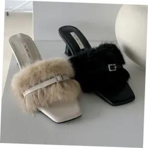 미들힐 리얼밍크 퍼 트리밍 큐빅 스트랩 여성 뮬 5FWY