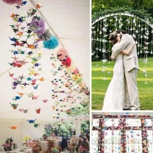 200Pcs 10줄 무지개 종이접기 종이학 미리 제작된 종이 화환 소박한 결혼식 파티 장식용 학 접힌 새들