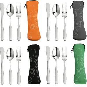 예스데이트 3피스 스테인리스 피크닉 식기 휴대용 실버웨어 작업용 세트 여행용 케이스 포함 4팩