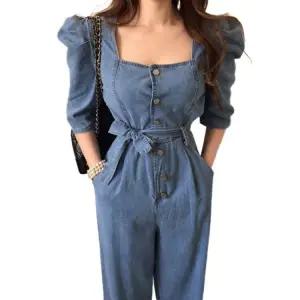 여성데님점프슈트 포켓 여자 스퀘어넥 봄 퍼프소매 데일리 봄여름 빈티지 캐주얼 반팔 루즈핏