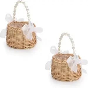 위커 라탄 플라워 걸 바구니 피크닉 선물 과일 보관 결혼식 정원 및 홈 데코용 핸드웨빙 부활절 2종 세트